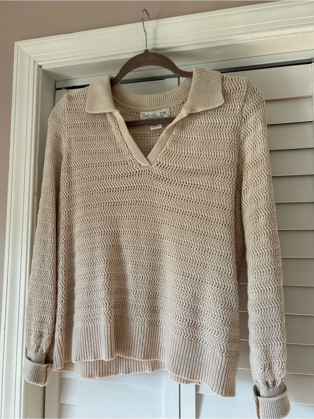 Rachel Zoe Beige/Cream Collared V-Neck Knit Sweater